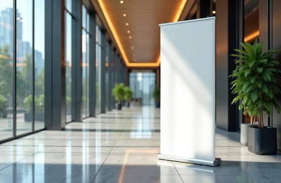 Modern building interior with empty pull-up banner stand in hallway. White display mockup for ads, events, or business promotions. Sleek polished floor and large windows.