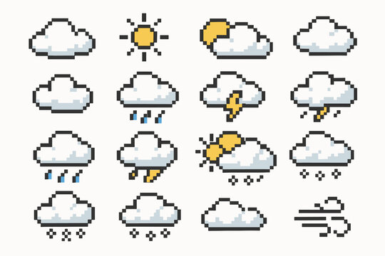 A set of 20 pixel icons in retro graphics style depicting various weather conditions. The icons are made in basic colors (white, yellow, gray) with a pixel effect.