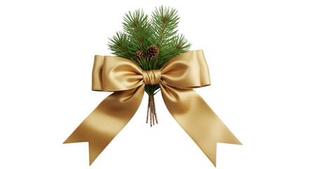 Gold ribbon bow with pine sprigs isolated on transparent background
