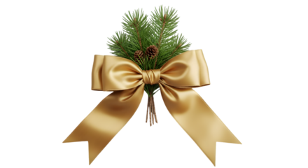 Gold ribbon bow with pine sprigs isolated on transparent background