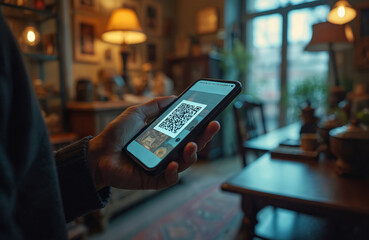 Person holding smartphone with QR code on screen in cozy cafe or restaurant. Hand holding mobile phone with digital QR code displayed. Blurred interior background with lamps and plants.