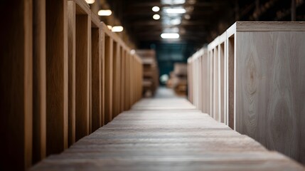Perspective view down a long industrial warehouse aisle filled with neatly stacked wooden furniture components ready for assembly