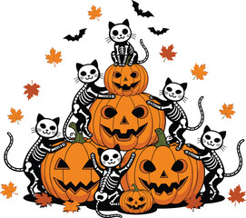 Halloween skeleton cat t-shirt design, spooky pumpkin stack illustration, festive apparel graphic, jack-o’-lantern and skeleton cats, autumn leaves, bats