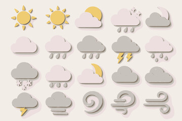 Obraz premium A set of icons representing various weather conditions and related elements. All icons are designed in a soft pastel style with beige and gray tones.