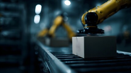 Automated production line featuring robotic arms handling packages in a modern industrial facility