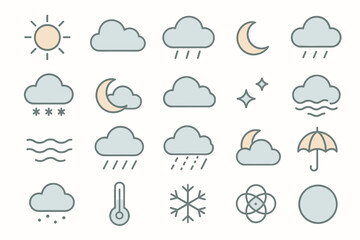 Obraz premium A set of icons representing various weather conditions and related elements. All icons are designed in a soft pastel style with beige and gray tones.