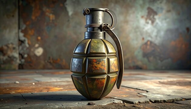An aged, military-style fragmentation device stands on a weathered, industrial surface against a textured, rusty wall. Subtle shadows and realistic metal detailing are visible
