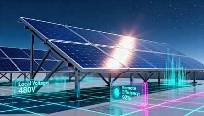 Middistance view of solar panels with a digital interface overlay showing local and remote performance metrics for continuous tracking.