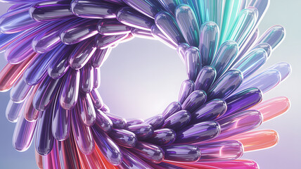 Vibrant 3D Abstract Wreath with Iridescent Gradient Shapes and Central Copy Space