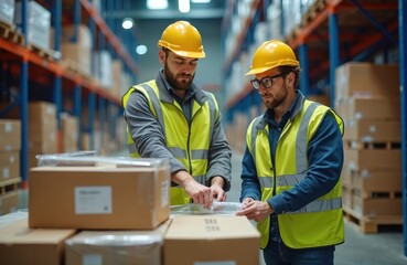 Two warehouse workers package boxes. Men wear safety vests helmets. They work at a logistics center preparing goods for shipping. Packing process takes place in the storage area.