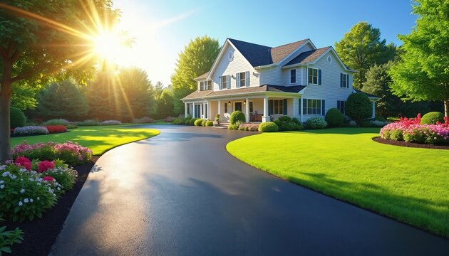 New asphalt driveway leads to a bright suburban home under a sunny sky. Lush green grass and colorful flowers border the paved road. The house has a welcoming porch and neat landscaping.