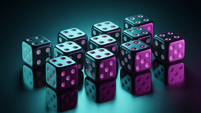 Fototapeta Vibrant 3D Render of Ten Dice with Neon Pink and Blue Lighting on Reflective Surface for Gaming and Strategy Concepts