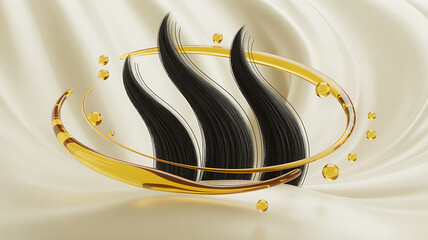 Healthy Hair Strands and Golden Oil Serum 3D Illustration for Beauty Care