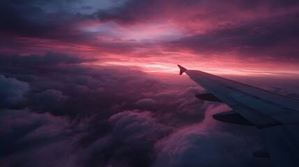 Fototapeta premium Airplane wing extends over dramatic pink and purple sunset clouds seen from above during flight