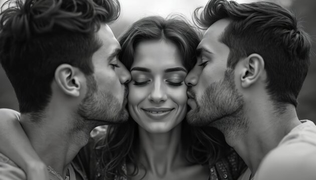 Woman with two men kissing. Young adults in affectionate embrace. Happy female with closed eyes between two loving men. Black, white intimate moment of polyamorous relationship. Smiling girl enjoying