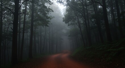 Fototapeta premium A winding dirt road disappears into a dense, foggy forest with tall trees and a mysterious atmosphere