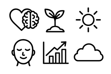 Emotional Growth outline icon set: heart and brain, tree sprout, light spark, peaceful face, growth chart, soft cloud. , , High resolution, sharp vector-like appearance, ideal for