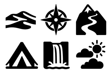 Obraz premium Remote Destinations silhouette set: desert dunes, compass rose, mountain trail, camp tent, waterfall, clear sky. , , High resolution, sharp vector-like appearance, ideal for UI and