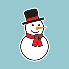 Illustration of a snowman with a black hat and red scarf on a blue background.