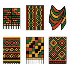 Kwanzaa African Textiles flat icons: colorful weave, geometric lines, diamond motifs, fabric drape, ornamental pattern, natural fibers. , , High resolution, sharp vector-like