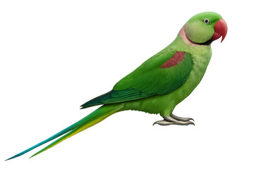 Green alexandrine parakeet, parrot bird, tropical pet, standing with red beak on transparent background
