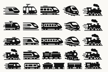 A collection of black-and-white silhouettes of trains in various styles and positions. Antique steam locomotives with smoke, modern high-speed trains, as well as freight and passenger cars.  