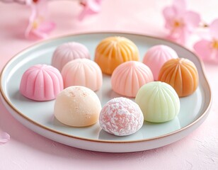 Elegant Japanese Wagashi with Cherry Blossoms and Pastel Colors