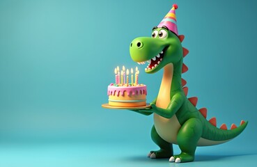 Fototapeta premium Green cartoon dinosaur wearing party hat carries birthday cake with lit candles. Festive dino celebrates happy event, joyful occasion with sweet treat. Fun character for children parties.