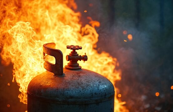 Gas cylinder burns with intense flames and sparks. A dangerous fire hazard engulfs industrial propane tank. Emergency situation at hazardous fuel site.