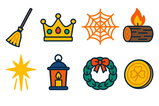 Christmas Legends &mdash; Global traditions flat icons: la befana broom, three kings crown, christmas spider web, yule log, luz de bel&eacute;n, festive lantern, winter wreath, lucky coin.