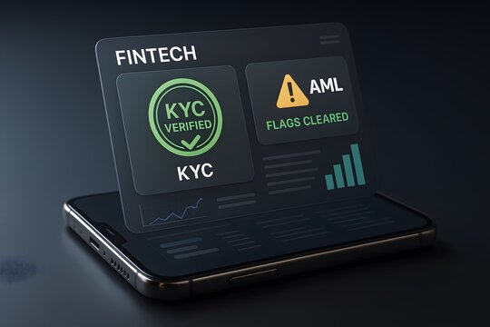 Fintech application, AML and KYC verification on a mobile screen for the concept of Technology and business.