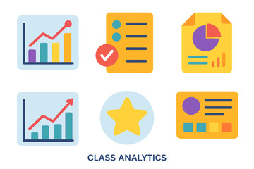 Class Analytics flat icons: data chart, attendance list, report document, performance graph, feedback star, summary panel.