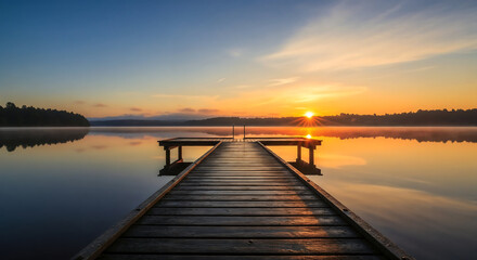 Obraz premium Wooden pier leading into calm lake at sunset.