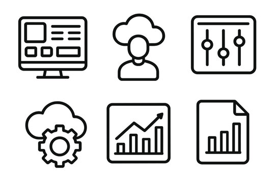 Cloud Management outline icon set: dashboard screen, admin user, control panel, configuration gear, usage chart, report file.