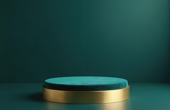 Empty display podium with teal velvet top, gold base on dark green background. Clean showcase stand for luxury product presentation. Modern elegant design for marketing promotion, advertising.