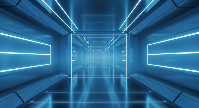 Futuristic neon corridor with glowing blue lights and reflections.