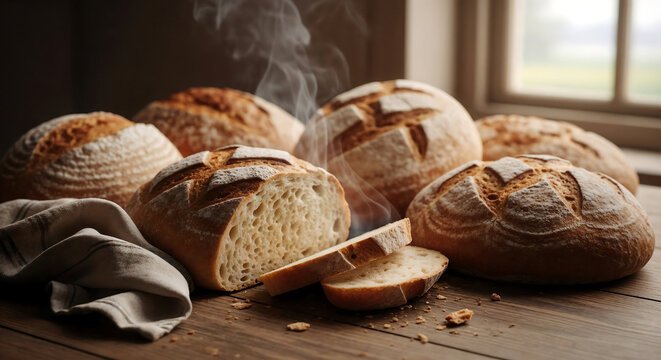 Rustic loafs of freshly baked bread on linen cloth.