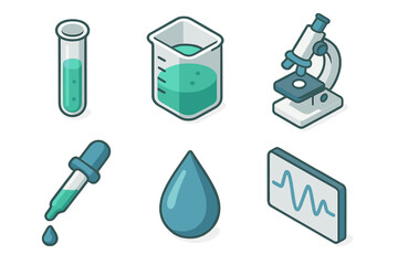 Scientific calibration set icons in modern isometric flat vector style: test tube, beaker, microscope, waveform, pipette, droplet.