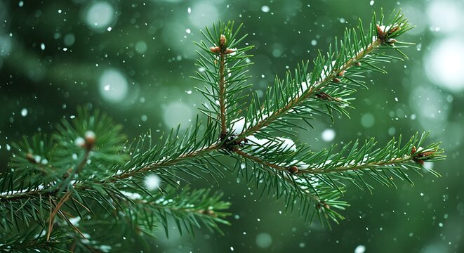 Closeup of a pine branch with delicate snowflakes falling gently in a soft, blurred green background - Powered by Adobe