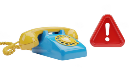 Retro blue rotary phone and red warning sign against a stark black background