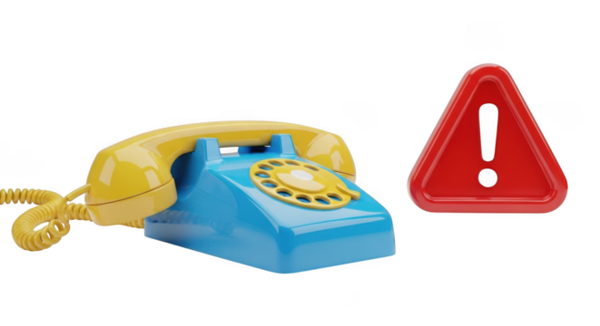 Retro blue rotary phone and red warning sign against a stark black background