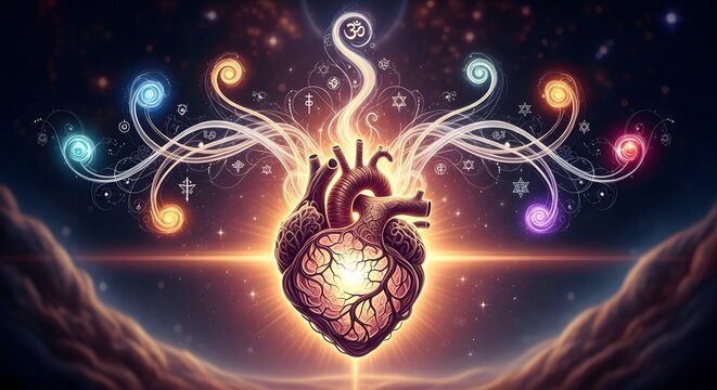 Heart of Cosmic Consciousness: An artistic representation of a heart radiating with radiant energy, surrounded by symbols, and cosmic elements.