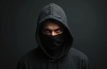 Person wearing black hood and face mask. Intense gaze stares forward. Dark background with studio lighting. Mysterious mood evokes anonymity.