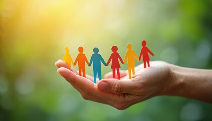 Hand holds colorful paper people chain, symbolizing unity and diverse community support. Group connects in a circle, representing teamwork and belonging.