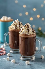 Indulge in the cozy comfort of warm chocolate beverages, topped with fluffy whipped cream, miniature marshmallows, and a rich chocolate drizzle. Surrounded by scattered marshmallows and candy canes, t