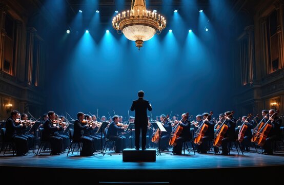 Full symphony orchestra on stage during concert. Musicians play instruments with conductor. Light shines on artist group during performance in concert hall. Back view of conductor controls