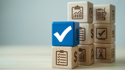 wooden blocks with icon tick
