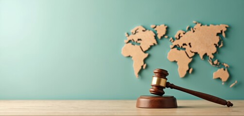 Brown wooden gavel on wooden desk against blue background with wooden map of world. Judge mallet represents global justice, legislation, international law. Court verdict, legal regulation concept.