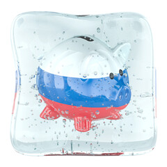 Piggy bank with Russian flag, frozen inside ice cube. Symbolizing blocked assets and financial sanctions. 3D rendering