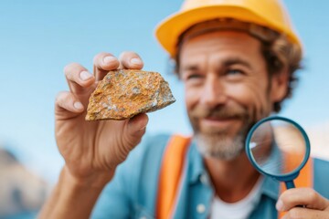 Geologist examining a rock outdoors